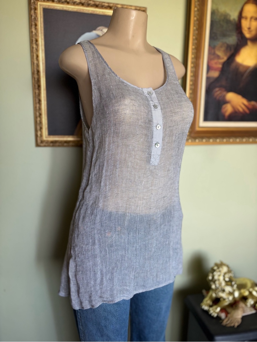 Eileen Fisher Gray Silver Mesh Linen Henley Tank Top Womans Size S Minimalist - Picture 7 of 16